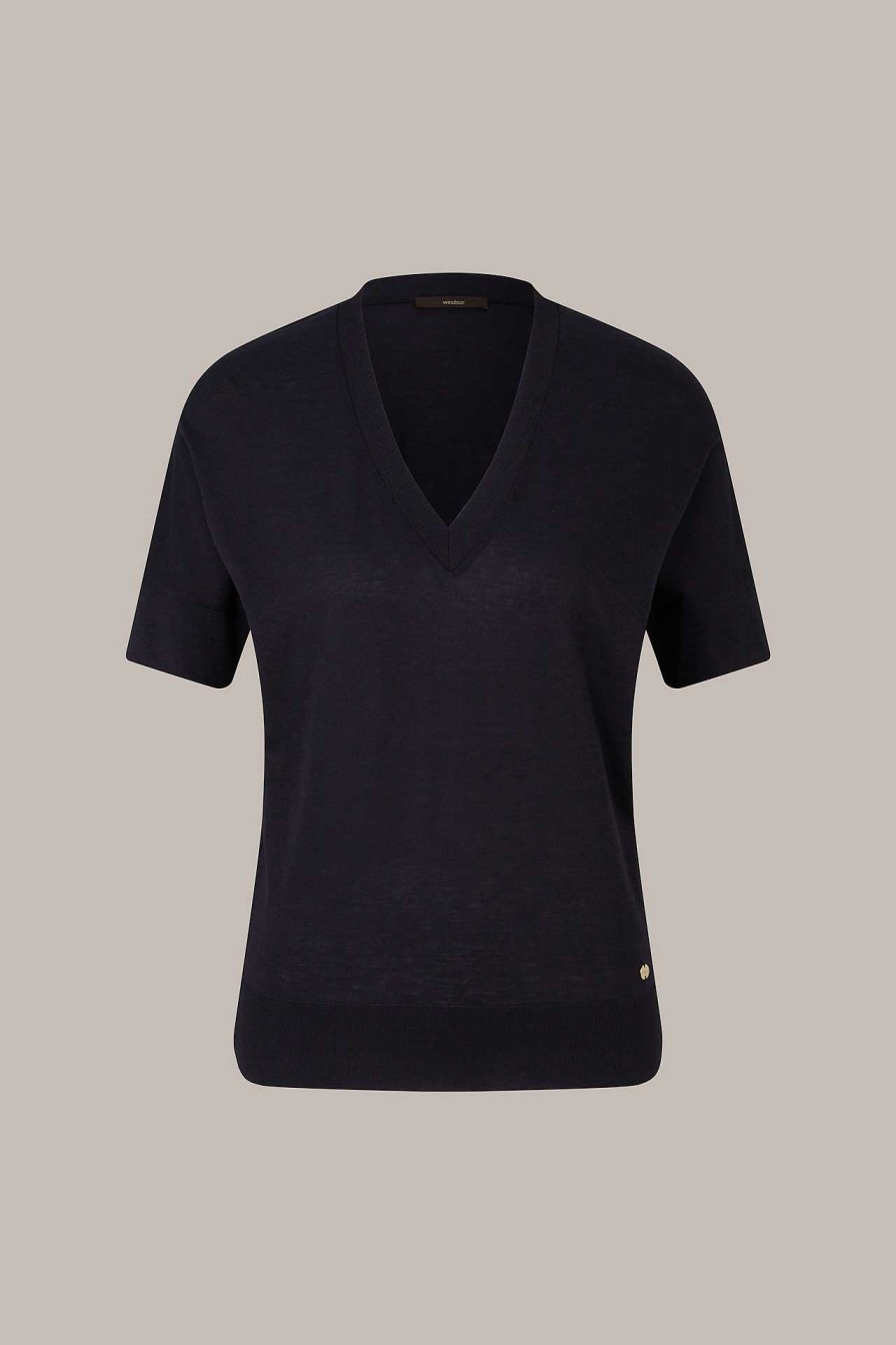 Windsor Tencel-Baumwoll-Shirt Mit V-Ausschnitt In Navy T-Shirts & Sweatshirts