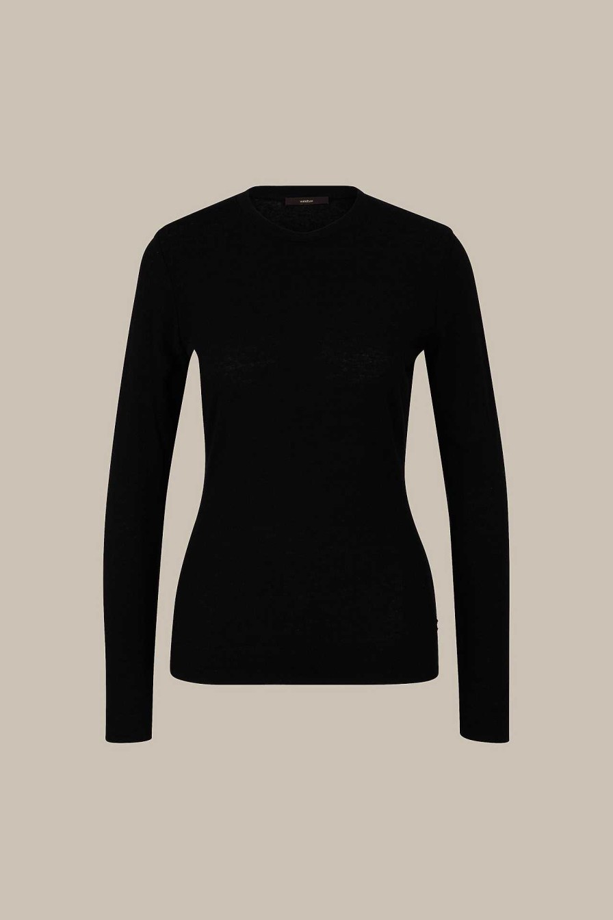 Windsor Tencel-Wollstretch-Rundhals-Shirt In Schwarz T-Shirts & Sweatshirts